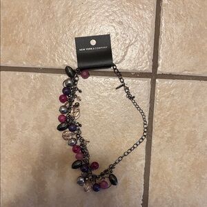 New York & Company Gunmetal Chain Necklace with Purple & Pink Beads